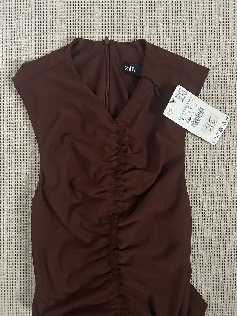 ZARA Chocolate Brown Ruched V-Neck Dress